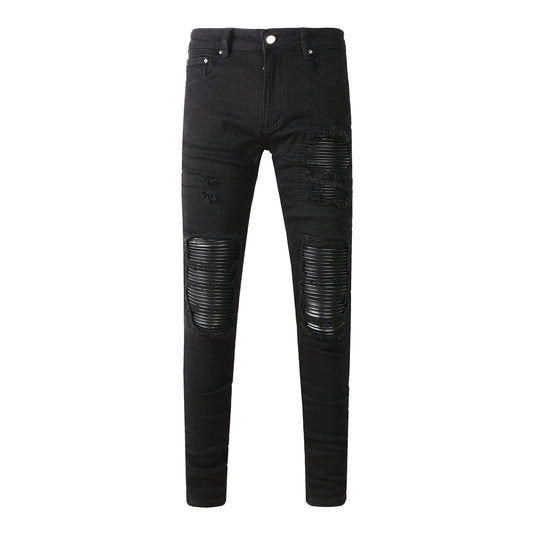 5200 High Street Trendy Brand Street Wind Ripped Beggar Jeans Slim-fit Elastic Jeans
