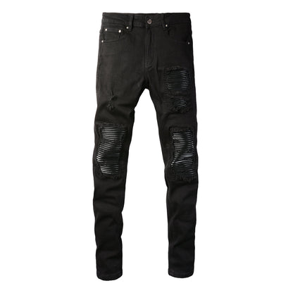 5200 High Street Trendy Brand Street Wind Ripped Beggar Jeans Slim-fit Elastic Jeans
