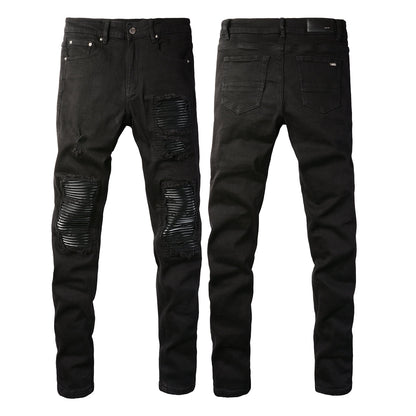 5200 High Street Trendy Brand Street Wind Ripped Beggar Jeans Slim-fit Elastic Jeans