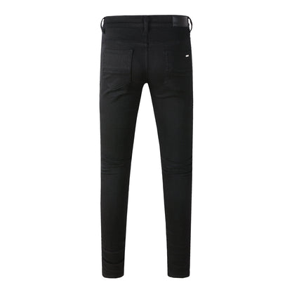 Men’s Slim Fit Black Jeans with Extensive Distressed Rips and Eye-Catching Sequin Details for a Bold Night Out Look 565