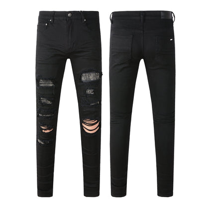 Men’s Slim Fit Black Jeans with Extensive Distressed Rips and Eye-Catching Sequin Details for a Bold Night Out Look 565