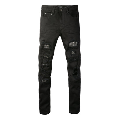 Men’s Slim Fit Black Jeans with Extensive Distressed Rips and Eye-Catching Sequin Details for a Bold Night Out Look 565