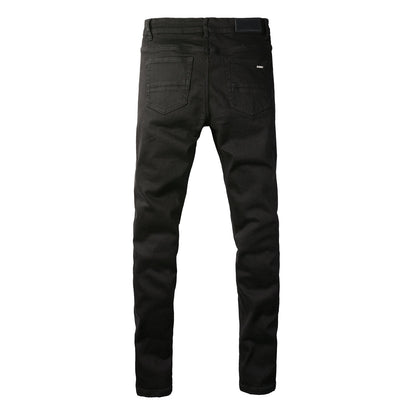 Men’s Slim Fit Black Jeans with Extensive Distressed Rips and Eye-Catching Sequin Details for a Bold Night Out Look 565
