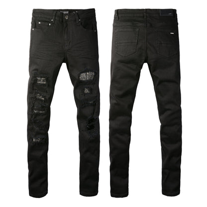 Men’s Slim Fit Black Jeans with Extensive Distressed Rips and Eye-Catching Sequin Details for a Bold Night Out Look 565