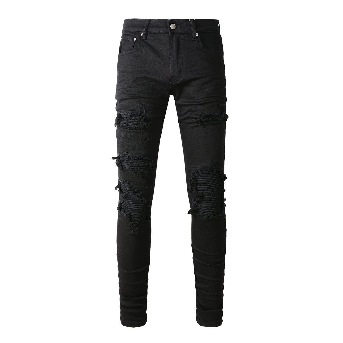 Men’s Black Skinny Jeans with Layered Ripped Panels and Ribbed Patch Details for a Rugged Street Look  (569-8569)