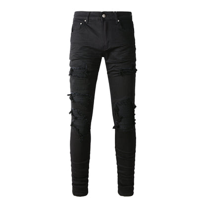 Men’s Black Skinny Jeans with Layered Ripped Panels and Ribbed Patch Details for a Rugged Street Look  (569-8569)