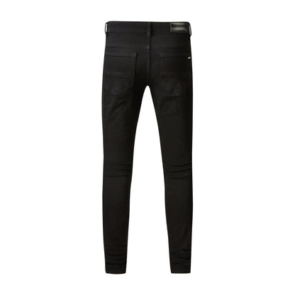 Men’s Black Skinny Jeans with Layered Ripped Panels and Ribbed Patch Details for a Rugged Street Look  (569-8569)