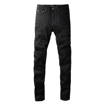 Men’s Black Skinny Jeans with Layered Ripped Panels and Ribbed Patch Details for a Rugged Street Look  (569-8569)