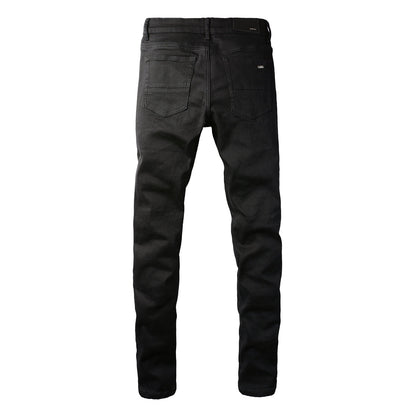 Men’s Black Skinny Jeans with Layered Ripped Panels and Ribbed Patch Details for a Rugged Street Look  (569-8569)