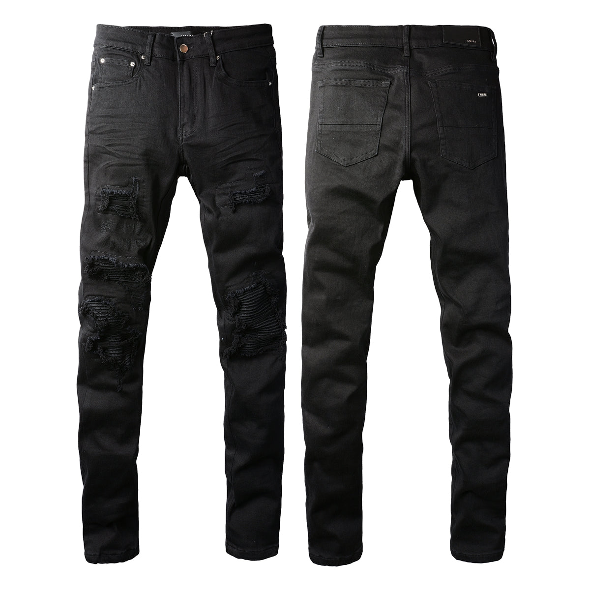 Men’s Black Skinny Jeans with Layered Ripped Panels and Ribbed Patch Details for a Rugged Street Look  (569-8569)