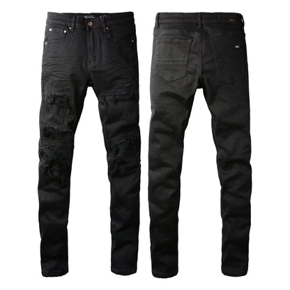 Men’s Black Skinny Jeans with Layered Ripped Panels and Ribbed Patch Details for a Rugged Street Look  (569-8569)