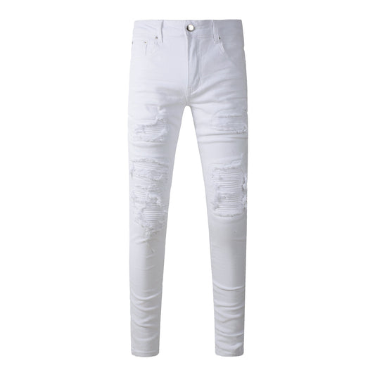 Jean slim blanc déchiré pour homme avec surpiqûres superposées pour un look estival épuré et moderne 592