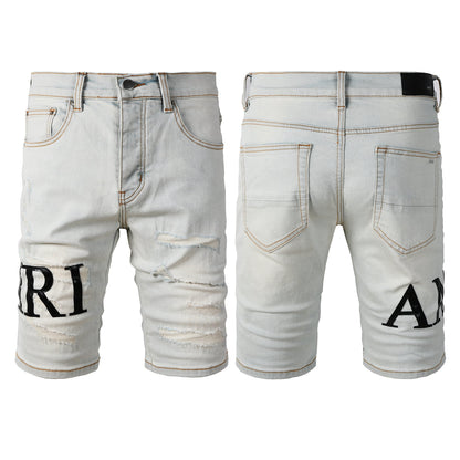 Men’s Light Wash Distressed Denim Shorts with Bold Black Letter Print Casual Streetwear Style 6001