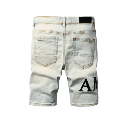 Men’s Light Wash Distressed Denim Shorts with Bold Black Letter Print Casual Streetwear Style 6001