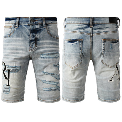 Men's Light Blue Distressed Denim Shorts with Heavy Rips and Washed Effect 6003