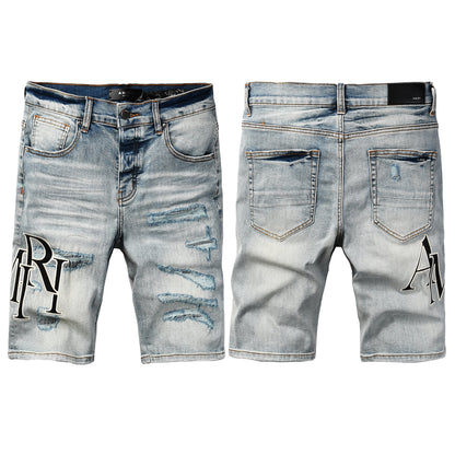 Men's Light Blue Distressed Denim Shorts with Heavy Rips and Washed Effect 6003