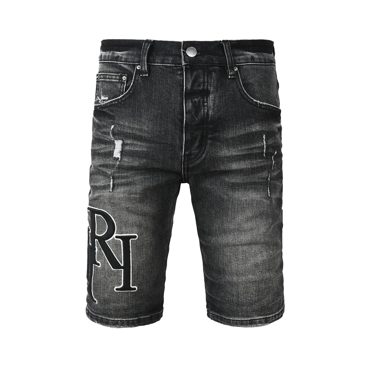 Pantalones cortos de mezclilla negros lavados para hombre con detalles desgastados y ajuste slim 6004