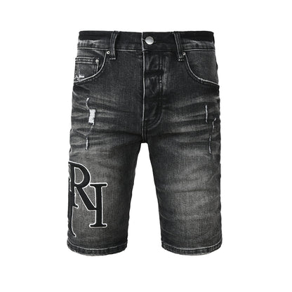 Pantalones cortos de mezclilla negros lavados para hombre con detalles desgastados y ajuste slim 6004