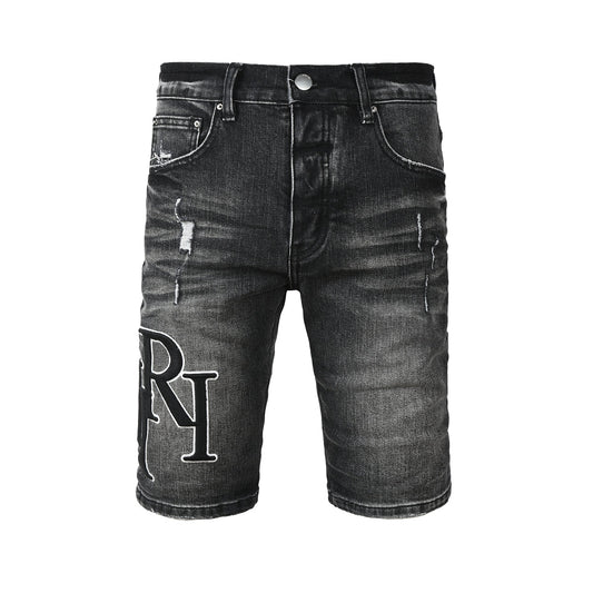 Pantalones cortos de mezclilla negros lavados para hombre con detalles desgastados y ajuste slim 6004
