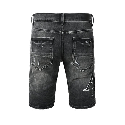 Pantalones cortos de mezclilla negros lavados para hombre con detalles desgastados y ajuste slim 6004