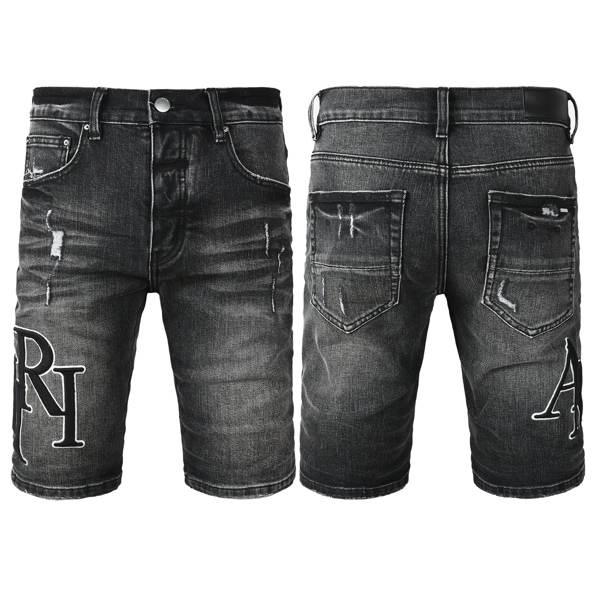 Pantalones cortos de mezclilla negros lavados para hombre con detalles desgastados y ajuste slim 6004