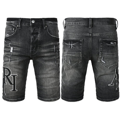 Pantalones cortos de mezclilla negros lavados para hombre con detalles desgastados y ajuste slim 6004