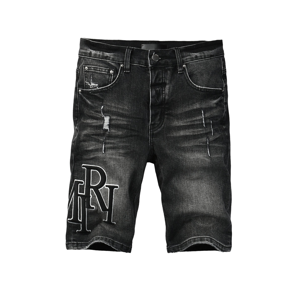 Pantalones cortos de mezclilla negros lavados para hombre con detalles desgastados y ajuste slim 6004