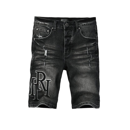 Pantalones cortos de mezclilla negros lavados para hombre con detalles desgastados y ajuste slim 6004