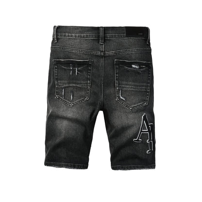 Pantalones cortos de mezclilla negros lavados para hombre con detalles desgastados y ajuste slim 6004