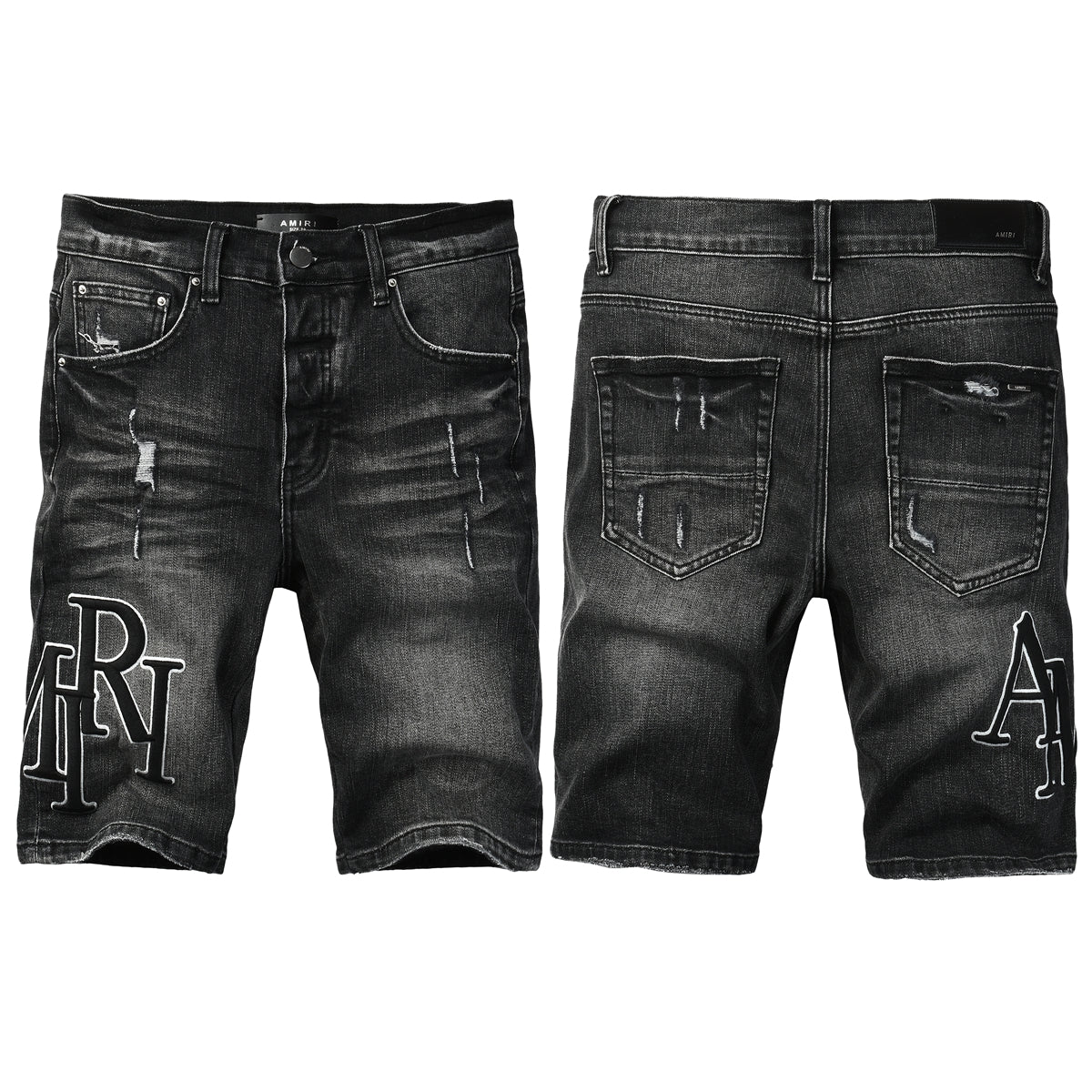 Pantalones cortos de mezclilla negros lavados para hombre con detalles desgastados y ajuste slim 6004
