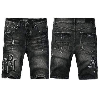 Pantalones cortos de mezclilla negros lavados para hombre con detalles desgastados y ajuste slim 6004