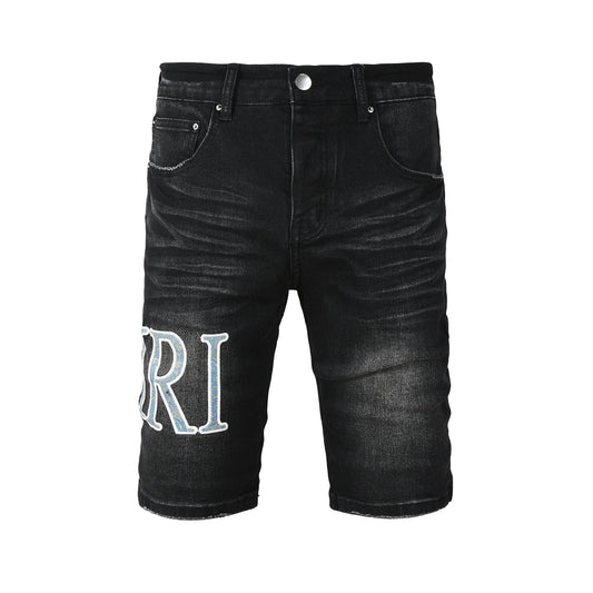 Men's Black Slim-Fit Denim Shorts with Washed Texture and Contrast Stitch Detail 6005
