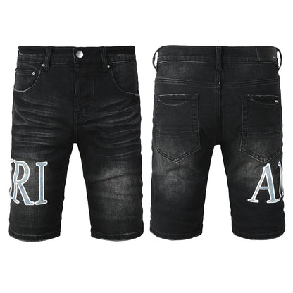 Men's Black Slim-Fit Denim Shorts with Washed Texture and Contrast Stitch Detail 6005
