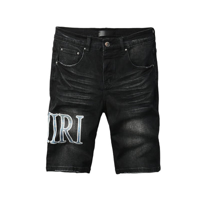 Men's Black Slim-Fit Denim Shorts with Washed Texture and Contrast Stitch Detail 6005