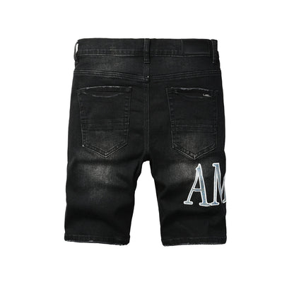 Men's Black Slim-Fit Denim Shorts with Washed Texture and Contrast Stitch Detail 6005