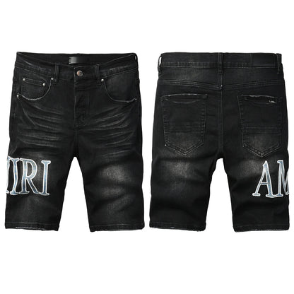 Men's Black Slim-Fit Denim Shorts with Washed Texture and Contrast Stitch Detail 6005