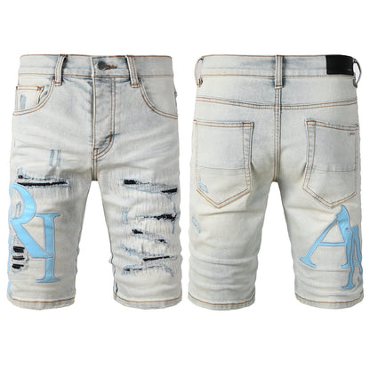 Men's Light Wash Ripped Denim Shorts with Black Underside Detail and Blue Patch Accents 6006