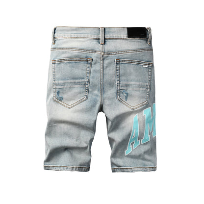 Men's Light Blue Ripped Denim Shorts with Washed Finish and Contrast Patch Accents 6007