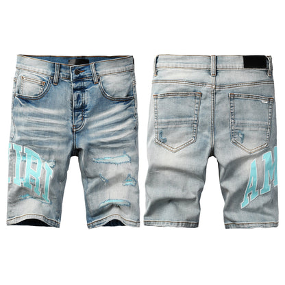 Men's Light Blue Ripped Denim Shorts with Washed Finish and Contrast Patch Accents 6007