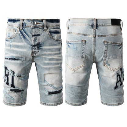 Men's Light Wash Denim Shorts with Heavy Distressing and Contrast Stitch Details 6008