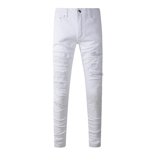 Jean skinny blanc déchiré pour homme avec subtils empiècements bleus et look street estival soigné 625