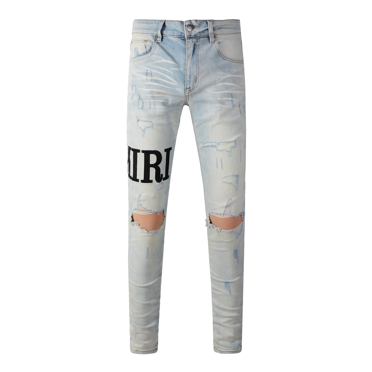 European and American high street trend embroidery letters beige old slim-fitting small feet ripped jeans #650