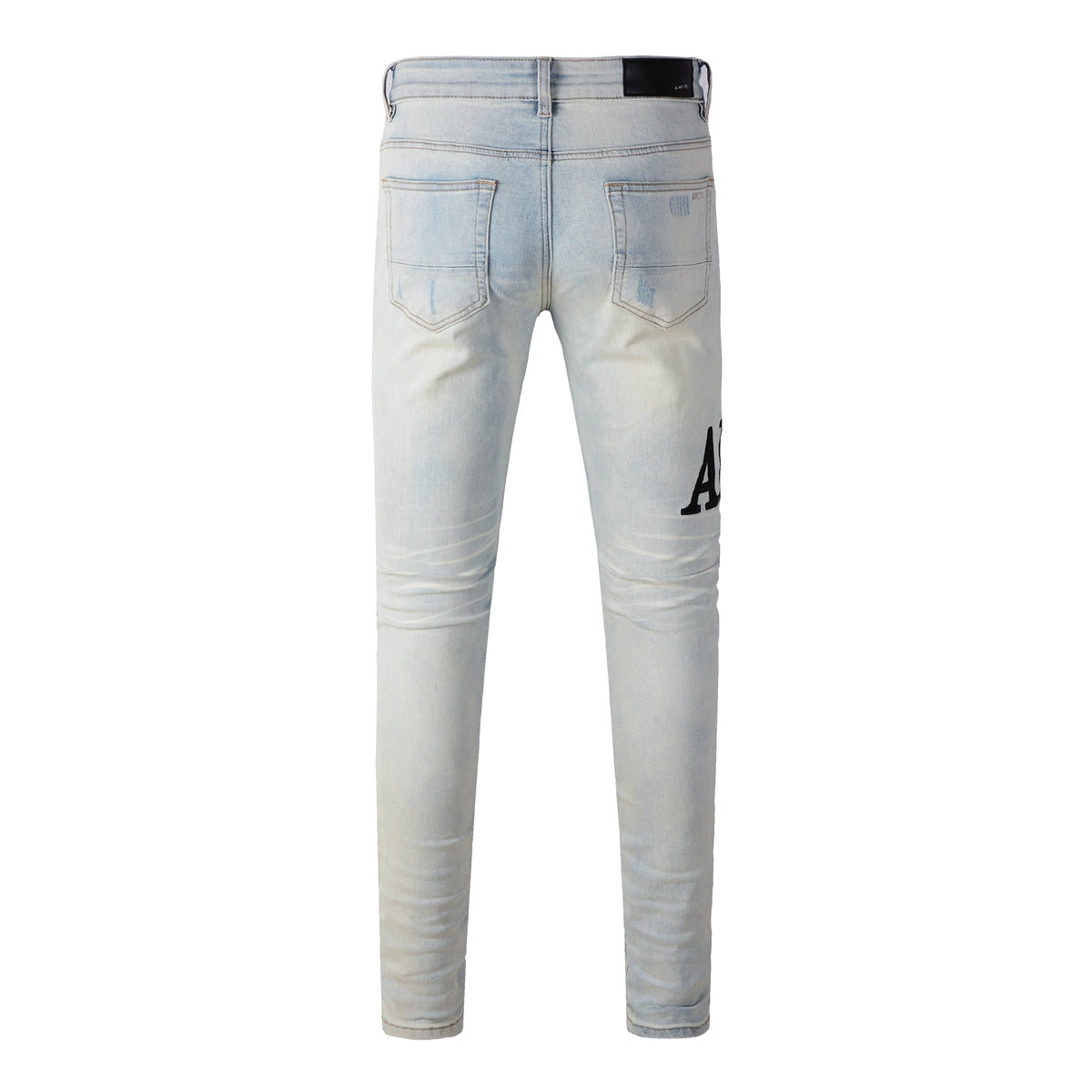 European and American high street trend embroidery letters beige old slim-fitting small feet ripped jeans #650