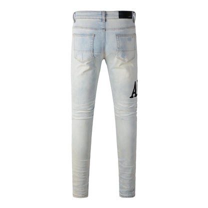 European and American high street trend embroidery letters beige old slim-fitting small feet ripped jeans #650