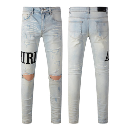 European and American high street trend embroidery letters beige old slim-fitting small feet ripped jeans #650