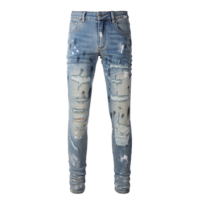 Cross-border Jeans Trendy Brand Retro Paint Ripped Patch Men's Jeans Slim Fit (6530-8830)