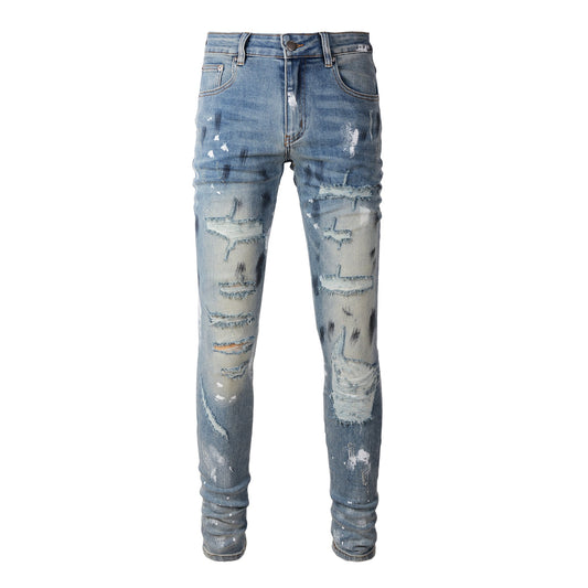 Pantalones vaqueros transfronterizos de marca de moda retro, pintados, rasgados, con parches, para hombre, corte ajustado (6530-8830)