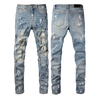 Cross-border Jeans Trendy Brand Retro Paint Ripped Patch Men's Jeans Slim Fit (6530-8830)