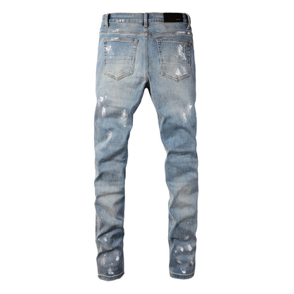 Cross-border Jeans Trendy Brand Retro Paint Ripped Patch Men's Jeans Slim Fit (6530-8830)