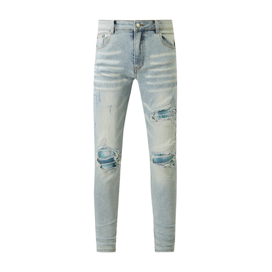 Men’s Light Blue Skinny Jeans with Ripped Details and Aqua Tone Patchwork for a Fresh Summer Street Style 6645